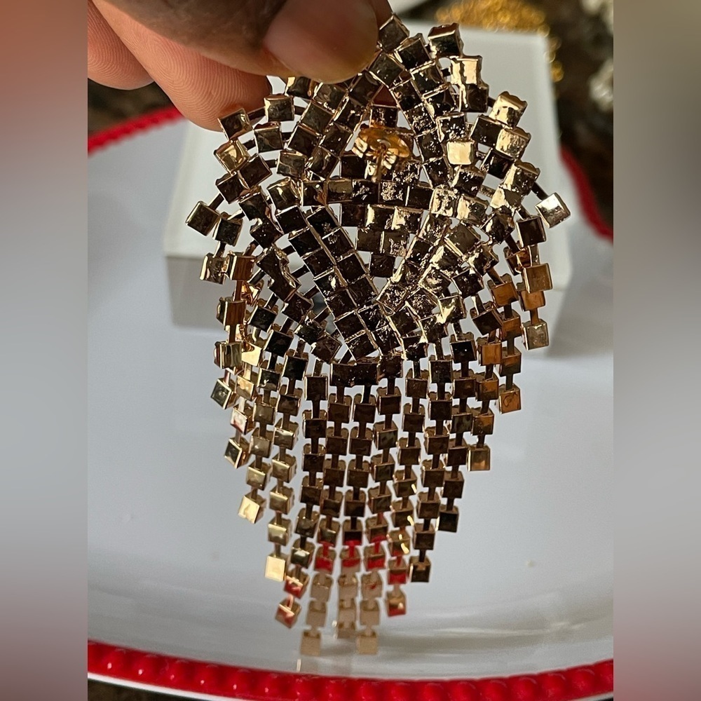 Gold toned rhinestone statement drop earrings - Picture 5 of 5